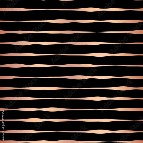 Rose Gold foil hand drawn horizontal lines seamless vector pattern. Copper wavy irregular stripes on black background. Elegant design. Digital papers, party, birthday, invitation, New Year, gift wrap