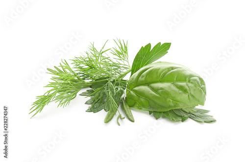 Fresh aromatic herbs on white background
