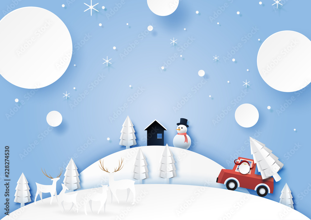 Naklejka premium Winter season landscape with santa claus,deers and snowman for merry christmas and happy new year.Paper art style vector illustration.