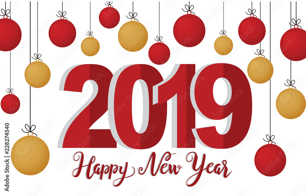 Naklejka premium Happy New Year 2019 Greeting Card Red Yellow Lantern
