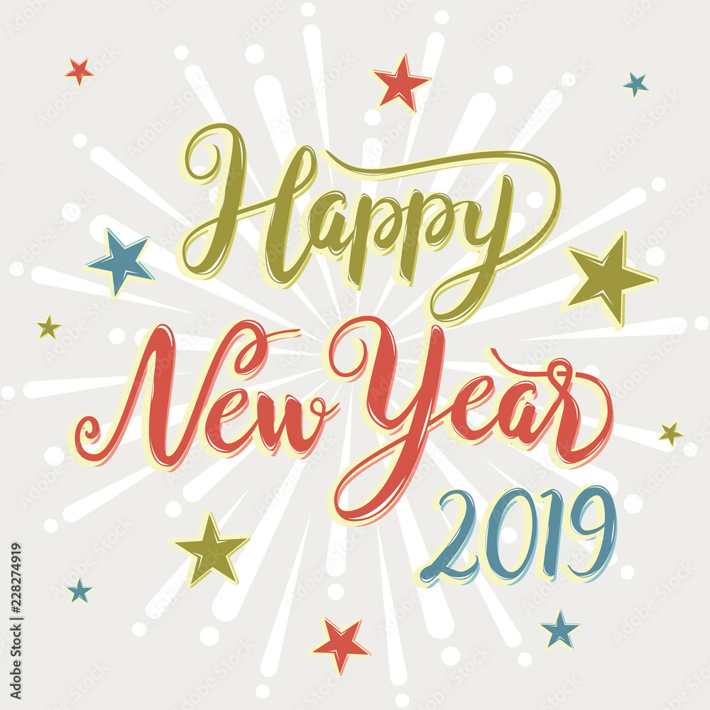 Happy New Year 2019 Greeting Card Retro Star Fireworks