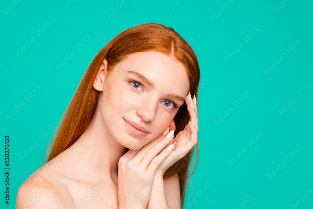 Advertising concept. Nude natural red girl, shiny pure fresh smo Advertising concept. Nude natural red girl, shiny pure fresh smo