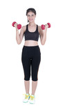 Young Asian woman in sportswear lifting red dumbbells isolated on white background