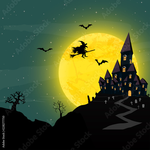 Halloween castle and witch in front of a full moon