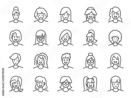 Woman avatar line icon set. Included icons as Female, Girl, Profile, Personal and more.
