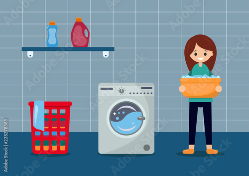 Laundry. The housewife is washing clothes. Modern washing machine. Flat style vector illustration.