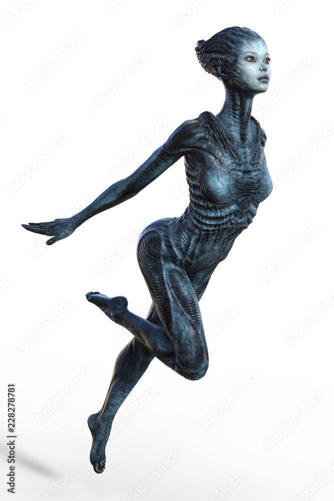 Female Alien creature in action pose isolated on white 3d render Female Alien creature in action pose isolated on white 3d render