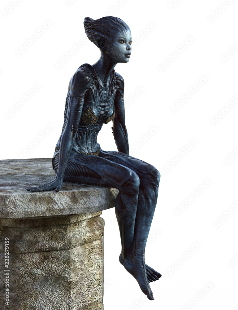 Female Alien creature sitting on a stone platform isolated on white 3d