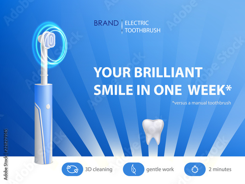 Vector 3d realistic toothbrush on ad poster. Promo banner with hygiene product. Dentist equipment, modern electric technology with ultrasound. Fiber setae, bristles and gum. Oral cleaning, prophylaxis