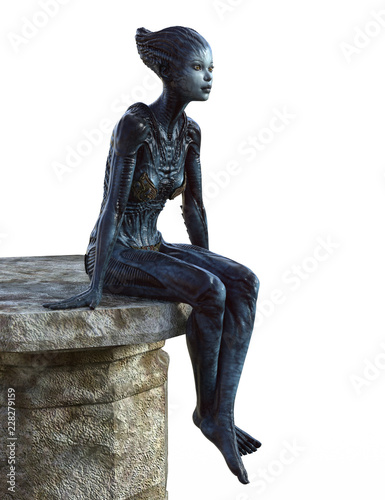 Valokuva Female Alien creature sitting on a stone platform isolated on white 3d render