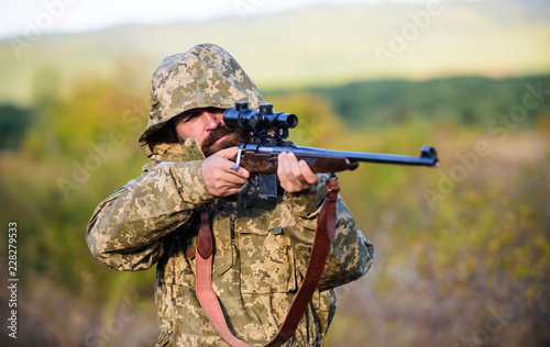 Experience and practice lends success hunting. How turn hunting into hobby. Masculine hobby activity. Hunting season. Guy hunting nature environment. Man bearded hunter with rifle nature background