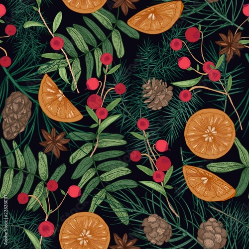 Holiday seamless pattern with pine and spruce tree branches, needles and cones, rowan berries and cranberries, oranges, star anise on black background. Festive vector illustration for fabric print.