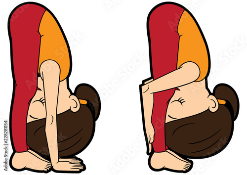 Yoga asana set standing forward bend pose/ Illustration cartoon girl doing uttanasana and its variation 