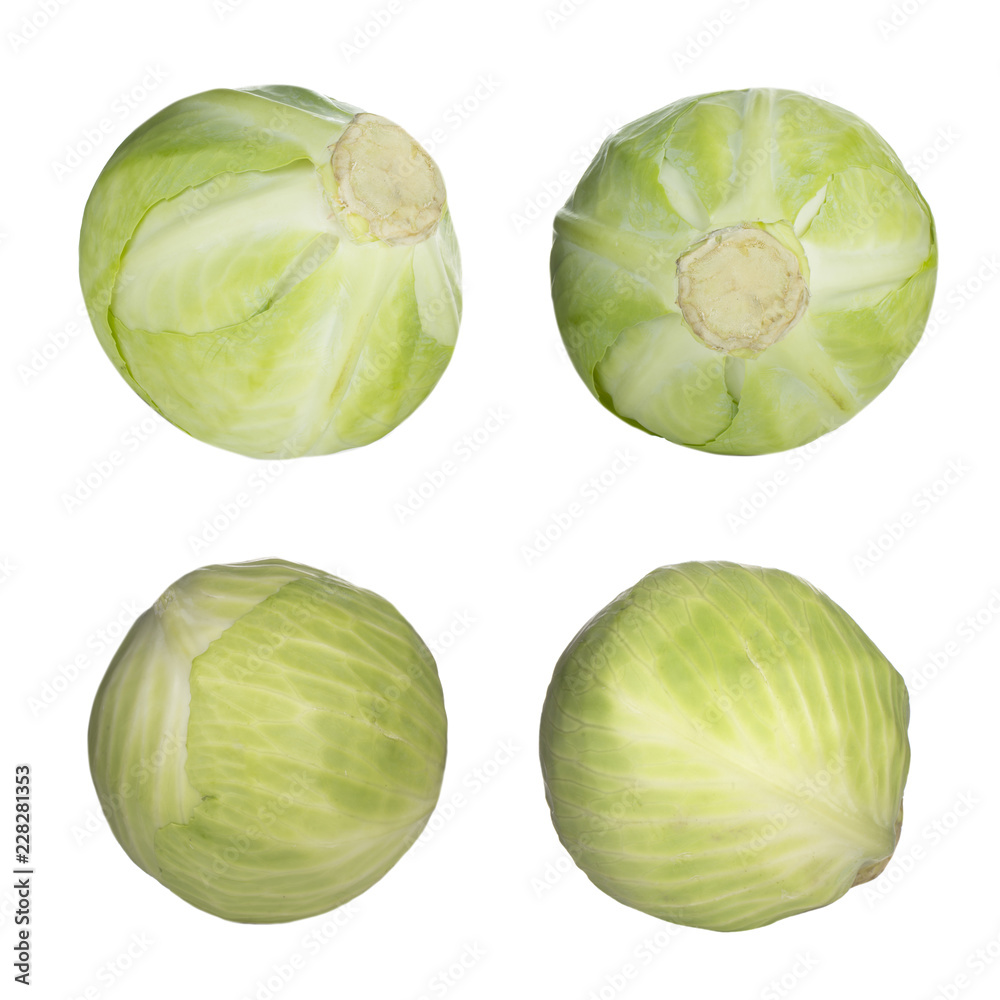 set of fresh green cabbage isolated on white background set of fresh green cabbage isolated on white background