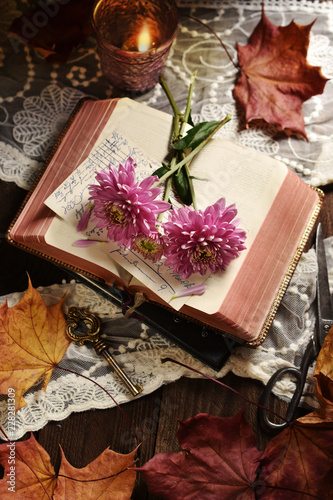 vintage style still life with opened book and flowers