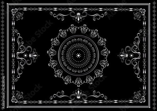 Vintage silver frame from patterns  with twisted  calligraphy stripes and crowns on black background

