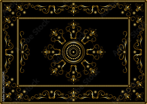 Gold frames from dotted stripes, with pattern on border of gold twisted stripes and crowns on black background 