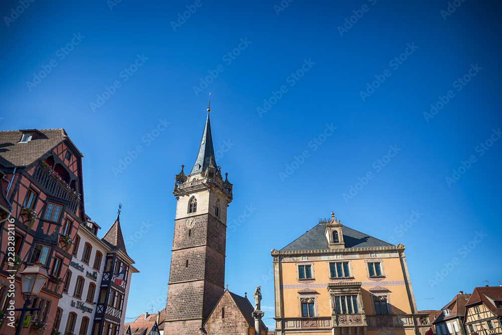 Main square in Obernai with Kapellturm tower. Obernai, Alsace, France