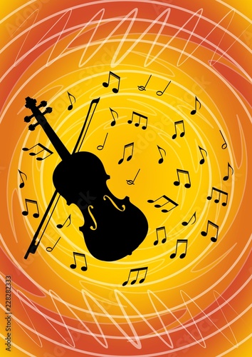 Musical flyer design with black violin silhouette and musical notes on vivid abstract orange bakcground. Musical festival invitation or concert programm template. Vector template photo