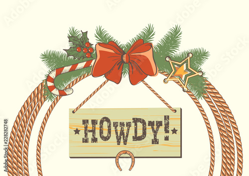 Cowboy western christmas wreath with lasso and traditonal American decorations