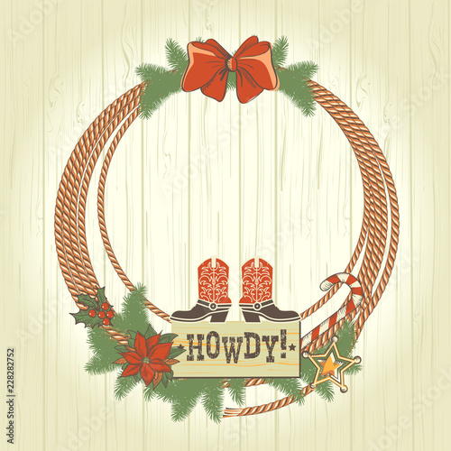 Cowboy western christmas wreath with traditonal American decorations