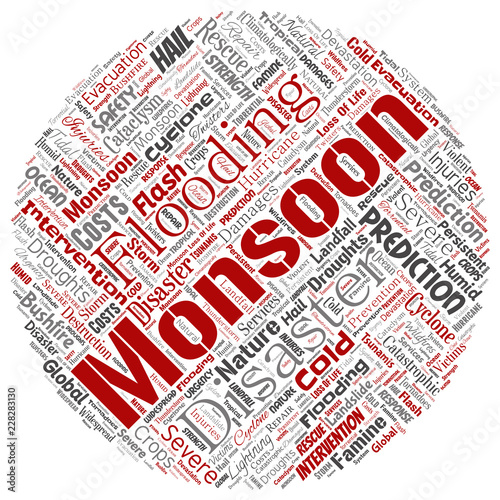 Vector conceptual monsoon dangerous weather round circle red meteorology word cloud isolated background. Collage of tropical dramatic storm force, strong wind blowing, rain hail thunderstorm concept