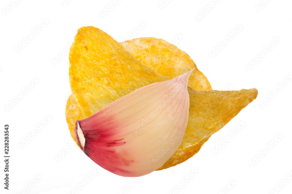 potato chips with garlic isolated on white background potato chips with garlic isolated on white background