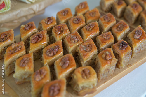 Azerbaijan baklava. Traditional Azerbaijan dessert baklava. Sweet Azerbaijan pastry closeup baklava. Paxlava is available for guests at the hotel . Pakhlava photo