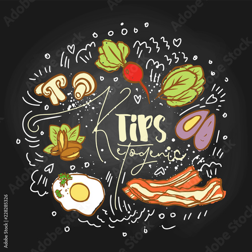 Ketogenic Tips Food sketch illustration - multy-colored vector sketch healthy concept. Healthy keto tips concept with texture and decorative elements in a circle form - all nutrients, like fats, carbs