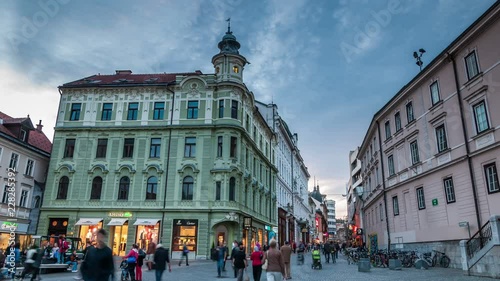 Presern square, the central square of Ljubljana at sunset, Slovenia. Time lapse video. photo