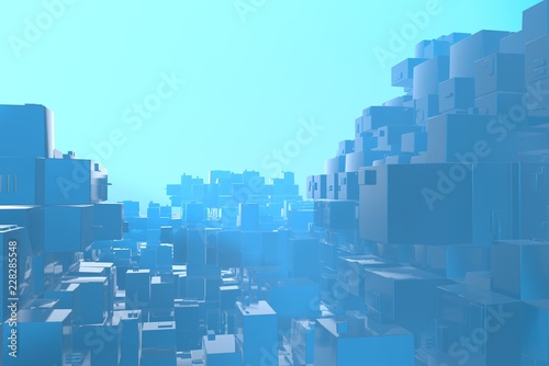 Wealth rich concept idea of blue city at sunset rays Abstract space background.3D illustration rendering