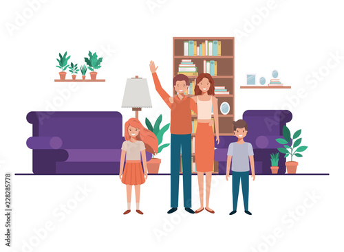 family in living room with library avatar character