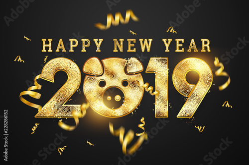 Creative background, 2019 Happy new year. Gold Numbers Design of greeting card of. Gold Shining Pattern. Happy New Year Banner with 2019 Numbers on a dark background. Confetti, copy space. photo