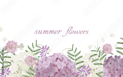 Template for greeting cards, wedding decorations, invitation, sales. Vector horizontal banner with Luxurious summer wild flowers and hydrangea. Spring or summer design. Space for text.