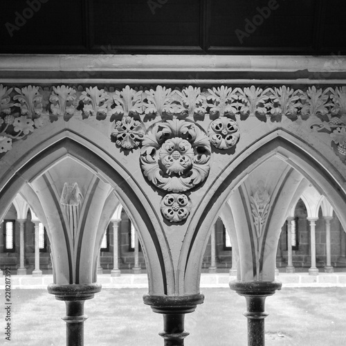 Sculptured arcade. Cloister of the Merveille  Mont St Michel  France.