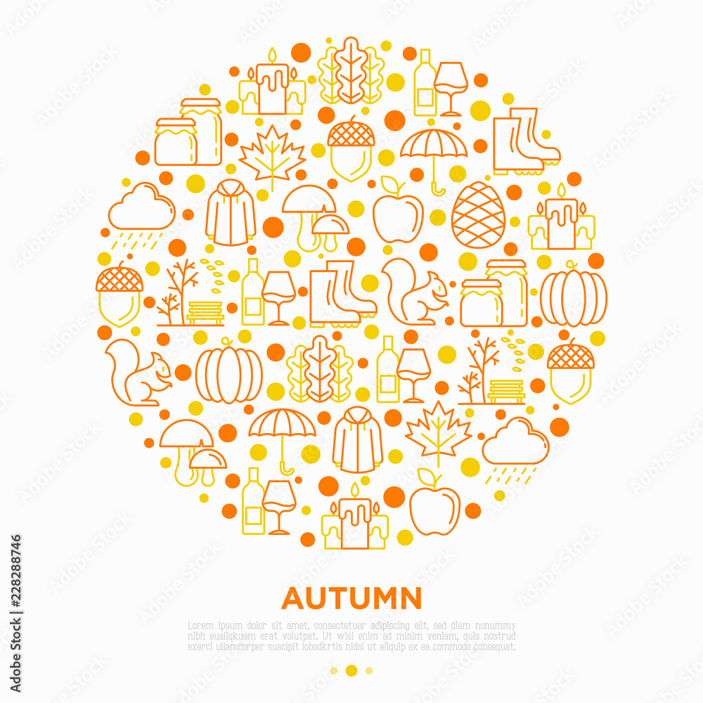 Autumn concept in circle with thin line icons: maple, mushrooms, oak leaves, apple, pumpkin, umbrella, rain, candles, acorn, rubber boots, raincoat, pinecone. Vector illustration, print media template