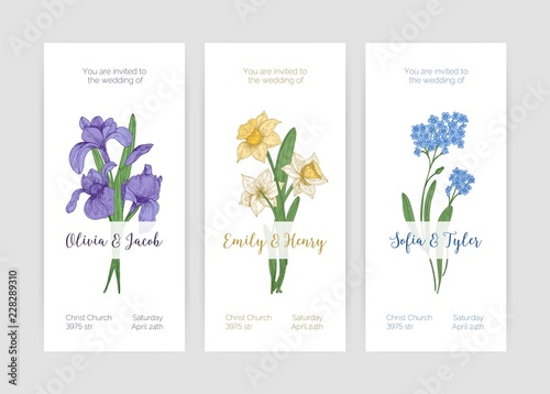 Collection of gorgeous vertical wedding invitation templates with spring garden blooming flowers and place for text on white background. Hand drawn realistic colored botanical vector illustration.