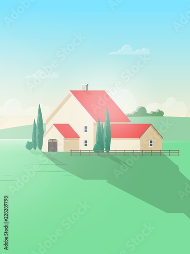 Vertical rural landscape with farm building or cottage and green field or meadow against beautiful sky on background. Gorgeous countryside scenery on sunny day. Colorful vector illustration.