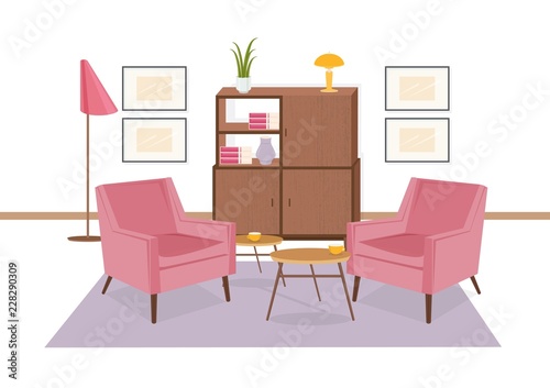 Interior of lounge area furnished in retro 80-s style. Old fashioned furniture and home decorations - armchairs, carpet, coffee table, sideboard. Colorful vector illustration in flat cartoon style.