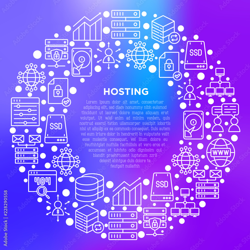 Hosting concept in circle with thin line icons: VPS, customer support, domain name, automated backup, SSD, control panel, secure server, local network, SSL. Vector illustration for print media.