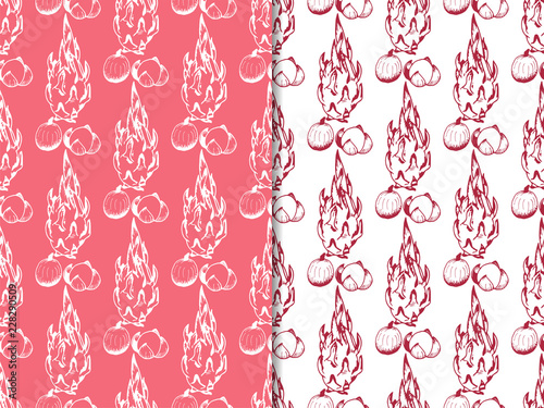 longan, pitahaya tropical fruits seamless pattern