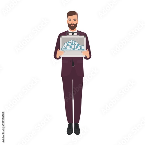 Bearded man dressed in elegant business suit holding briefcase full of money