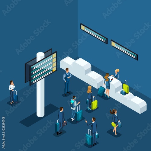 Isometric concept of passport control at the airport, delivery of things to the luggage compartment, business ladies and businessmen on a business trip
