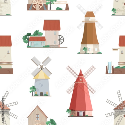 Seamless pattern with various windmills on white background