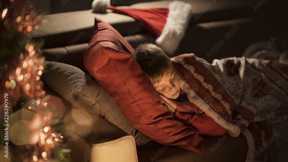 Obraz premium Cute boy waiting for Santa and sleeping on the sofa