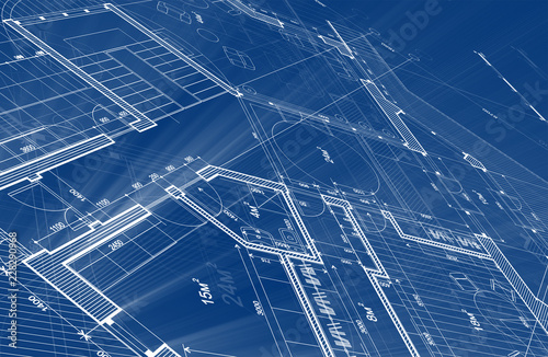 Architecture design: blueprint plan - illustration of a plan modern residential building / technology, industry, business concept illustration: real estate, building, construction, architecture