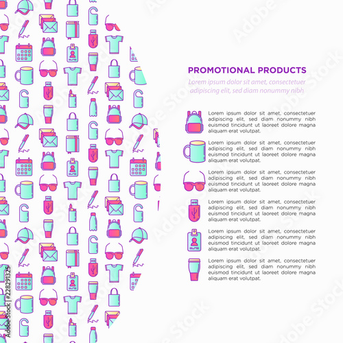 Promotional products concept with thin line icons: notebook, tote bag, sunglasses, t-shirt, water bottle, pen, backpack, cup, hat, travel mug, usb, lighter. Vector illustration, print media template.