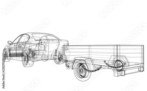 Sedan with open trailer sketch. Vector