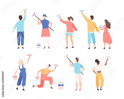 Collection of male and female painters holding paint rollers and painting or writing advertising text on wall. Set of cartoon characters isolated on white background. Flat vector illustration.
