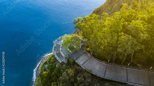 Drone photography of "Cabo Girao" viewpoint situated at "Camara de Lobos", Madeira island, Portugal. The highest promontory in Europe with an elevation of 580 meters.
